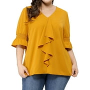 Agnes Orinda Women's Plus Size Blouse Ruffle Front Smocked Sleeves V Neck Solid Casual Tops 1X Yellow