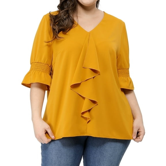 Agnes Orinda Women's Plus Size Blouse Ruffle Front Smocked Sleeves V Neck Solid Casual Tops 1X Yellow