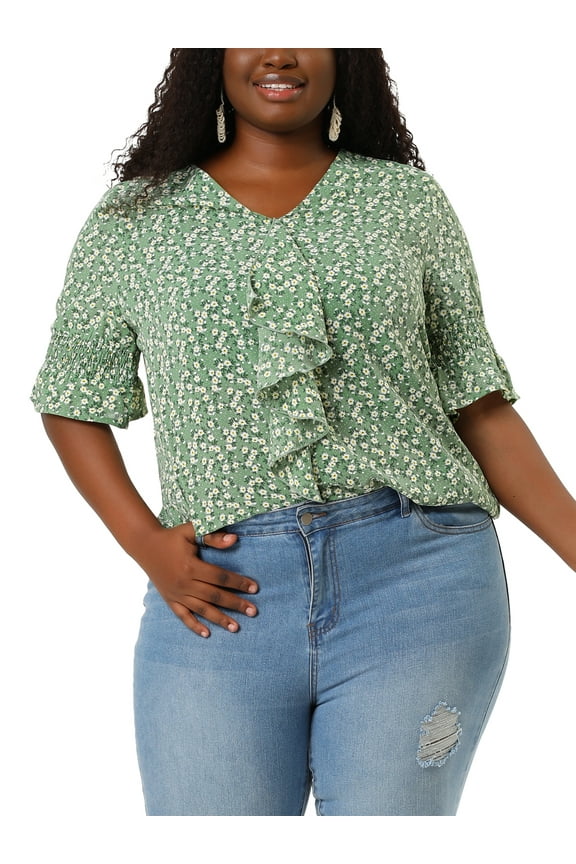 Women's Plus Size Blouse Ruffle Front Smocked Sleeves V Neck Solid Casual Tops 4X White Green