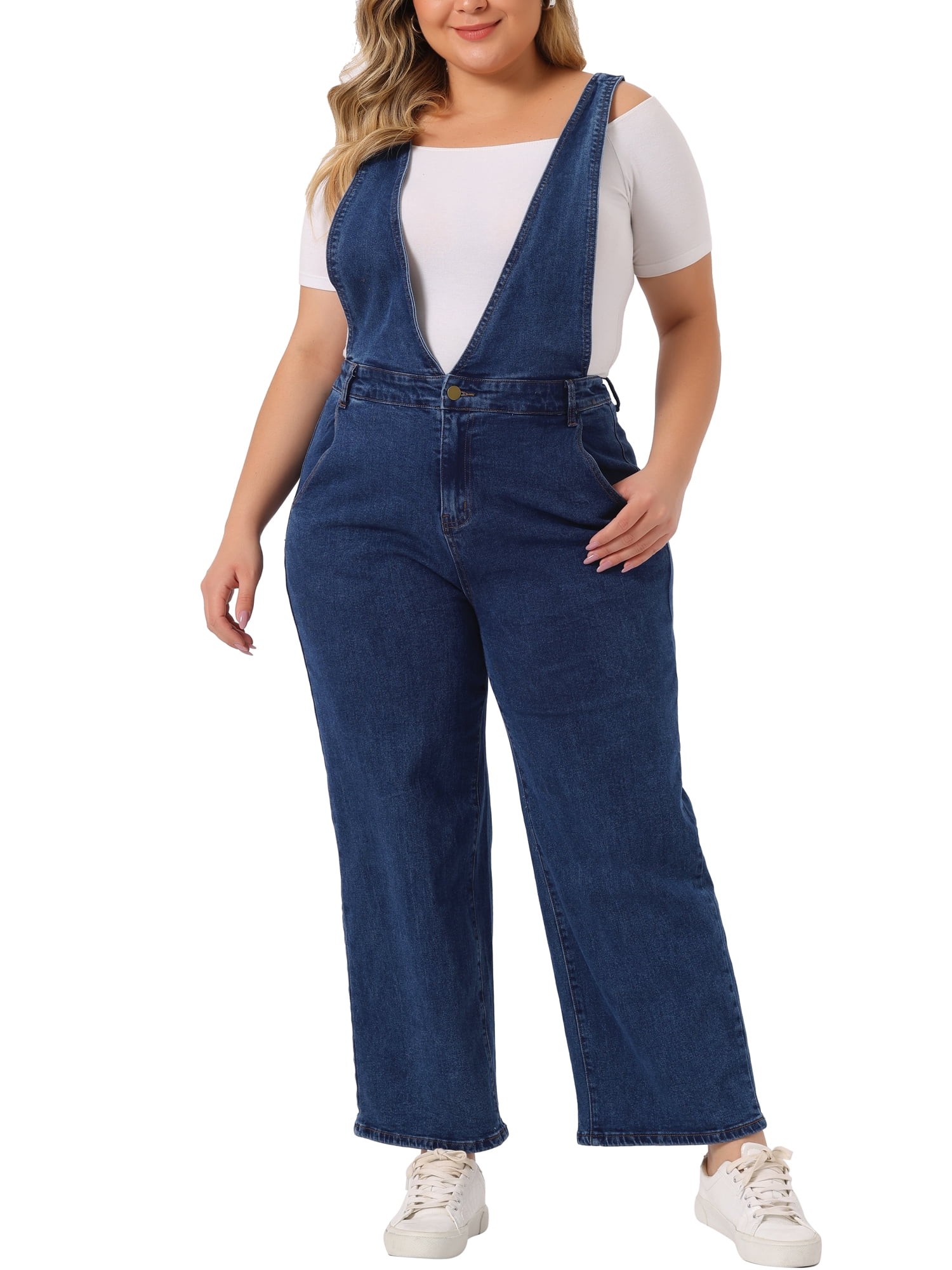 Agnes Orinda Women's Plus Size V Neck Straps Chambray Long Denim