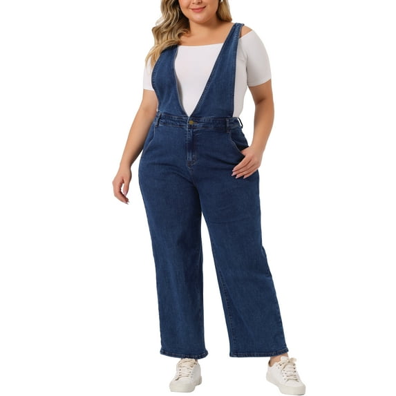 Agnes Orinda Women's Plus Size V Neck Straps Chambray Long Denim Jumpsuit 1X Dark Blue