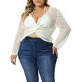 thumbnail image 1 of Agnes Orinda Women's Plus Size V-Neck Twist Knot Hollow Out Long Sleeve Top 1X Cream White, 1 of 6