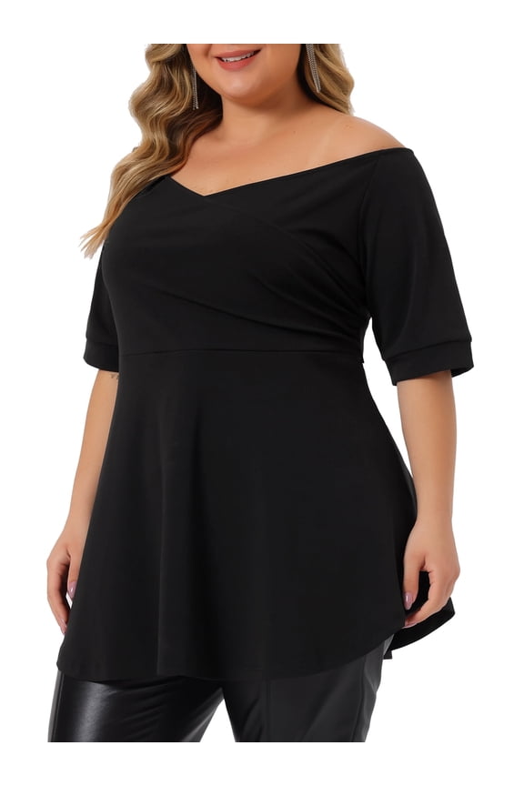 Women's Plus Size V Neck Wrap Short Sleeve Casual Peplum Blouses 1X Black
