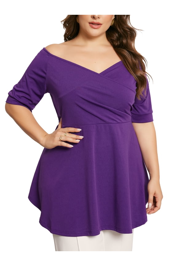Women's Plus Size V Neck Wrap Short Sleeve Casual Peplum Blouses 1X Purple