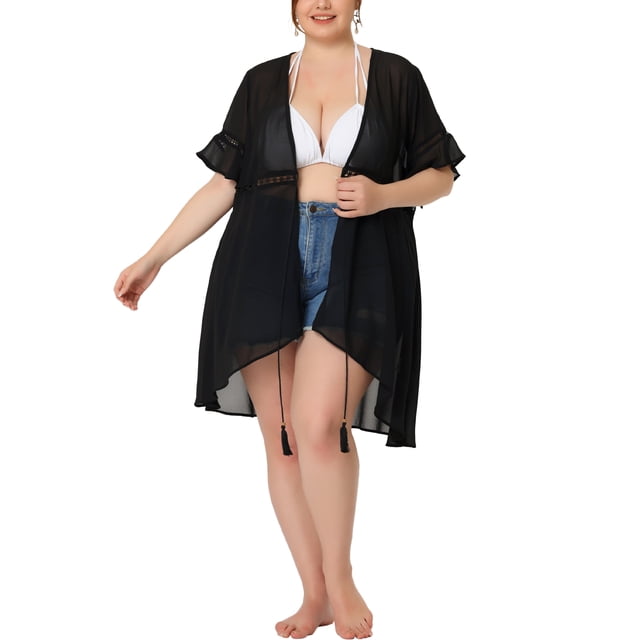 Agnes Orinda Women's Plus Size Vacation Soft Relaxed Fit Short Sleeve Summer Sheer Sweater Cardigans 1X Black