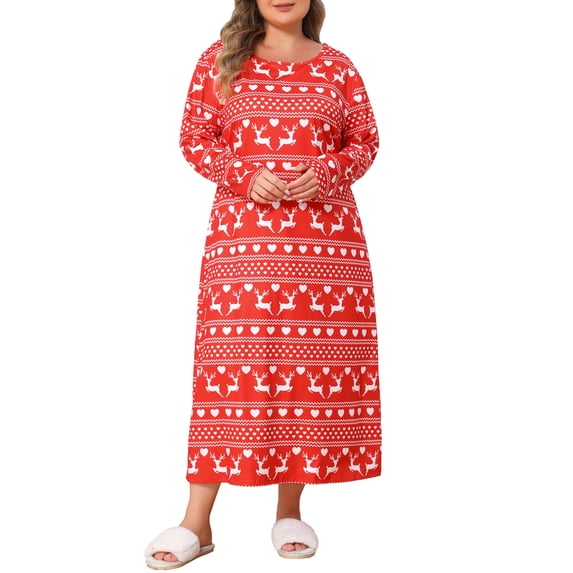 Agnes Orinda Women's Plus Size Valentines Day Pajamas Crew Neck Long Sleeve Sleep Dress Casual Nightgown Sleepwear 4X Red