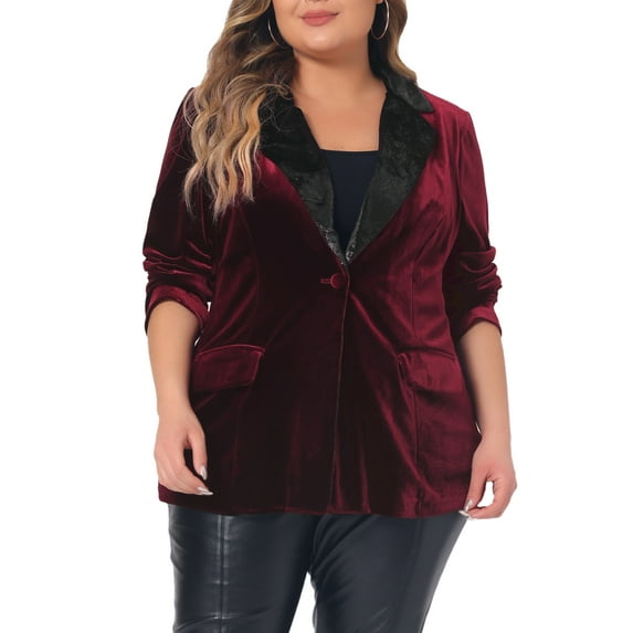 Agnes Orinda Women's Plus Size Velvet Blazer Vintage Evening Sparkle Button Contrast Notched Lapel Blazers