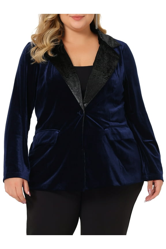 Women's Plus Size Velvet Blazer Vintage Evening Sparkle Button Contrast Notched Lapel Blazers