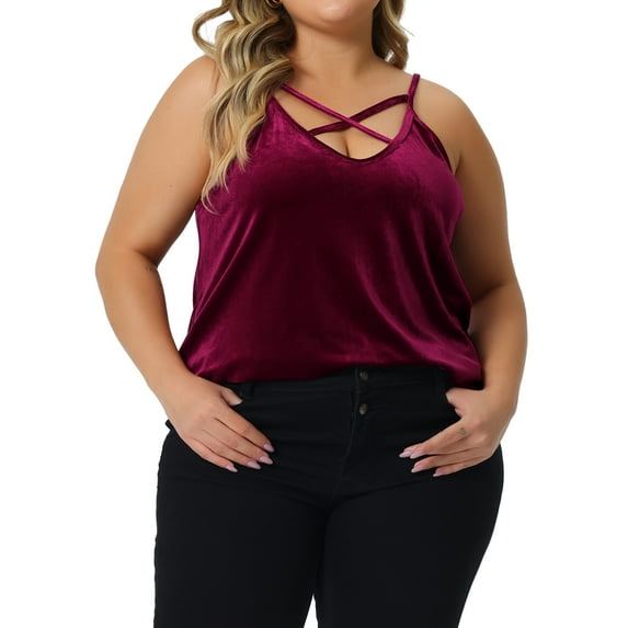 Agnes Orinda Women's Plus Size Velvet Criss Cross V Neck Spaghetti Strap Cami Velvet Tank Top