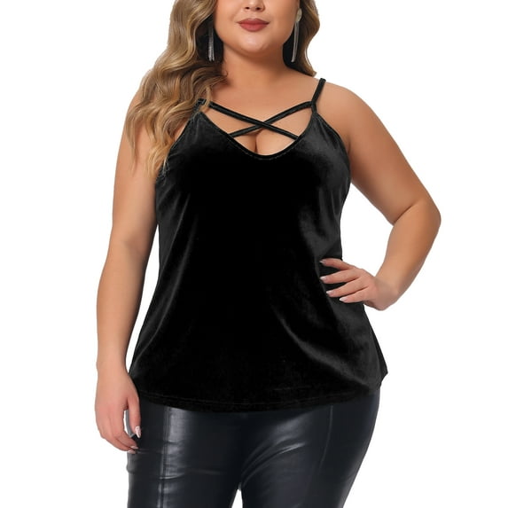 Agnes Orinda Women's Plus Size Velvet Criss Cross V Neck Spaghetti Strap Cami Velvet Tank Top