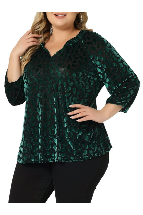 Women's Plus Size Velvet Semi Sheer Polka dots Peplum Blouse 1X Dark Green