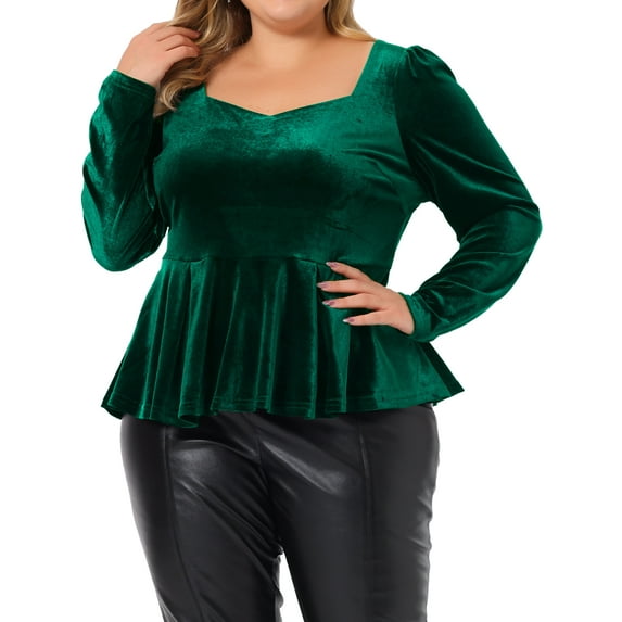 Agnes Orinda Women's Plus Size Velvet Sweetheart Neck Elegant Peplum Blouse 3X Green