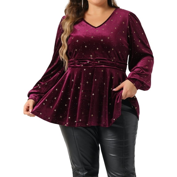 Agnes Orinda Women's Plus Size Velvet V Neck Long Sleeve Shiny Gilding Metallic Stars Tops 1X Burgundy