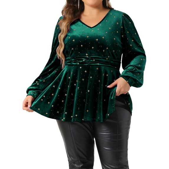 Agnes Orinda Women's Plus Size Velvet V Neck Long Sleeve Shiny Gilding Metallic Stars Tops 2X Dark Green