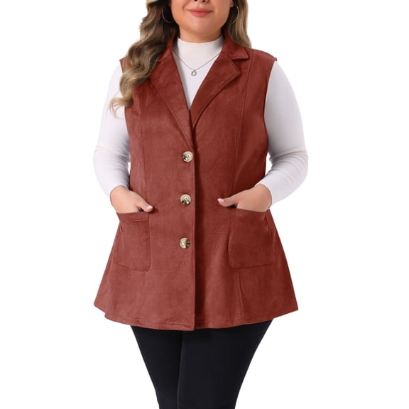 Agnes Orinda Women's Plus Size Vest Jacket Notch Lapel Casual Utility Sleeveless Suede Jacket 2X Rust
