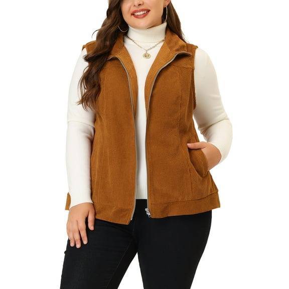 Agnes Orinda Women's Plus Size Vest Zipper Side Pocket Casual Corduroy Vest Jackets 1X Caramel
