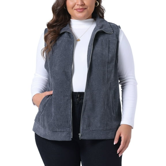 Agnes Orinda Women's Plus Size Sleeveless Zipper Side Pocket Casual Corduroy Vest Jackets 1X Gray
