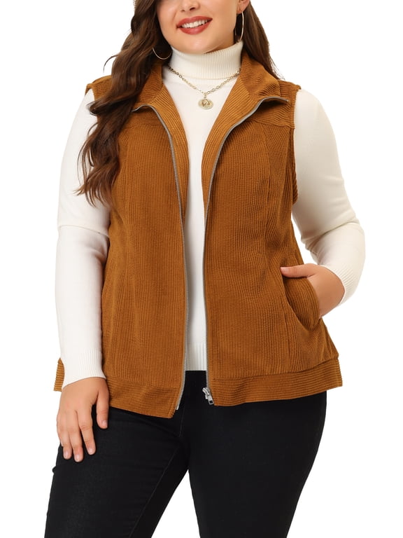 Women's Plus Size Corduroy Vest Sleeveless Zip Up Jacket with Stand Collar & Side Pockets 3X Caramel