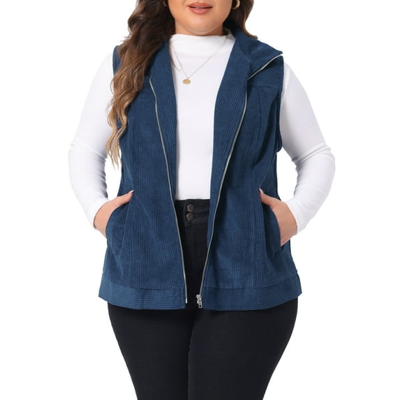 Agnes Orinda Women's Plus Size Sleeveless Zipper Side Pocket Casual Corduroy Vest Jackets 4X Dark Blue