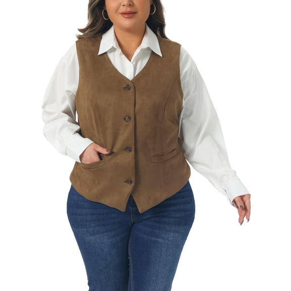 Agnes Orinda Women's Plus Size Vests V Neck Fully Lined Buttons Work Dressy Tuxedo Suit Vest Waistcoat 3X Coffee Brown