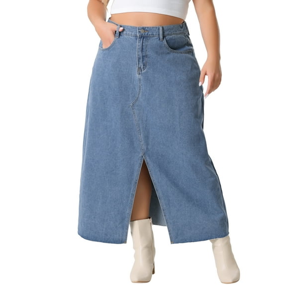 Agnes Orinda Women's Plus Size Vintage Denim Maxi Skirt Frayed Raw Hem High Waist Front Slit Long Jean Skirts 2X Blue