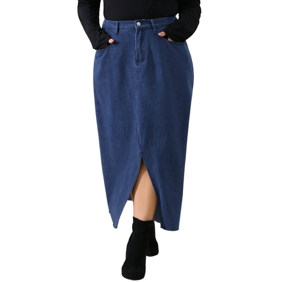 Agnes Orinda Women's Plus Size Vintage Denim Maxi Skirt Frayed Raw Hem High Waist Front Slit Long Jean Skirts 4X Dark Blue