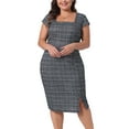 thumbnail image 1 of Agnes Orinda Women's Plus Size Tweed Dress Sheath Vintage Square Neck Cap Sleeve Side Split Work Midi Pencil Dresses with Zipper 1X Black, 1 of 6