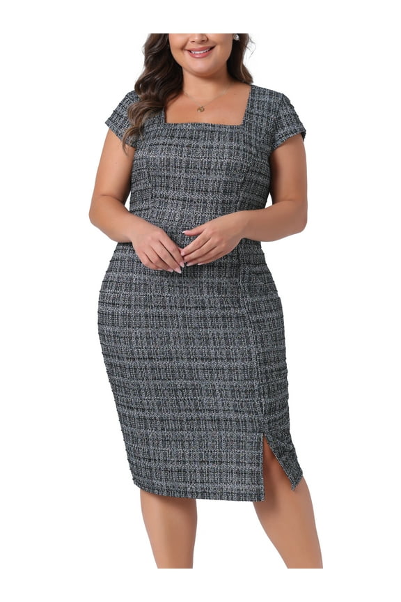 Women's Plus Size Tweed Dress Sheath Vintage Square Neck Cap Sleeve Side Split Work Midi Pencil Dresses with Zipper 3X Black