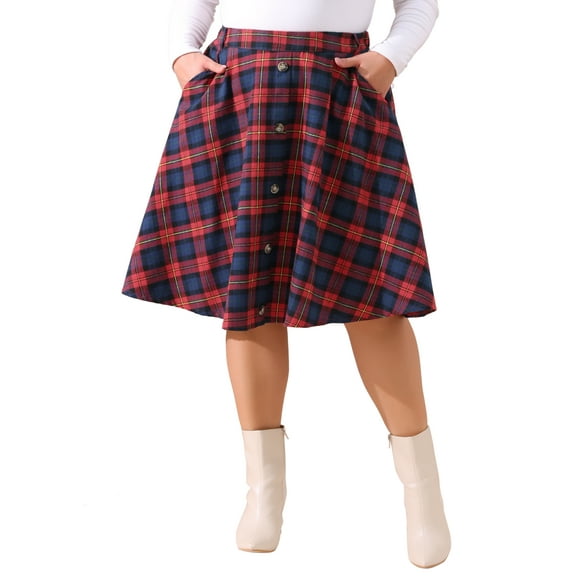 Agnes Orinda Women's Plus Size Vintage Skirt Plaid Button Front Elastic High Waist A-Line Skirts with Pockets 2X Red Blue
