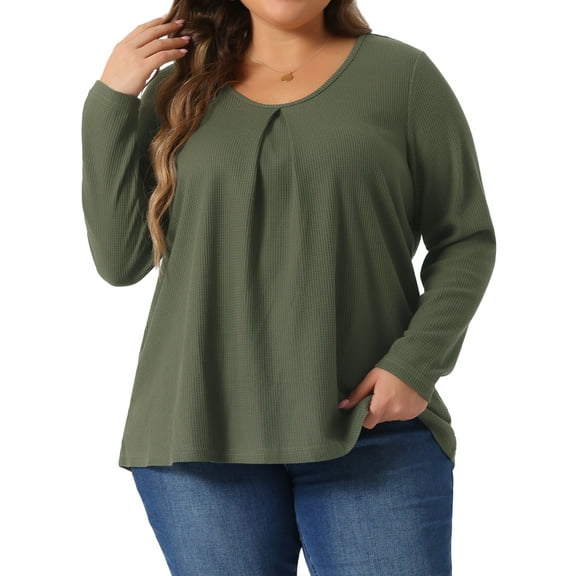 Agnes Orinda Plus Size Blouses for Women Long Sleeve Crew Neck Curved Hem Casual Tops