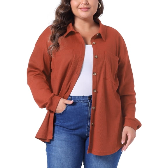 Agnes Orinda Women's Plus Size Waffle Knit Shirt Jacket Casual Long Sleeve Button Down Blouses 1X Orange