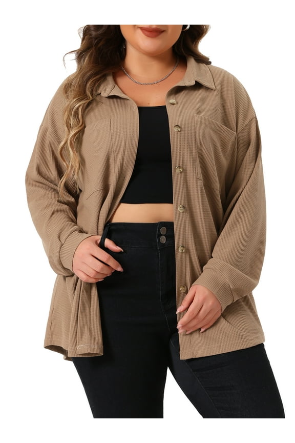 Women's Plus Size Waffle Knit Shirt Jacket Casual Long Sleeve Button Down Blouses 3X Brown