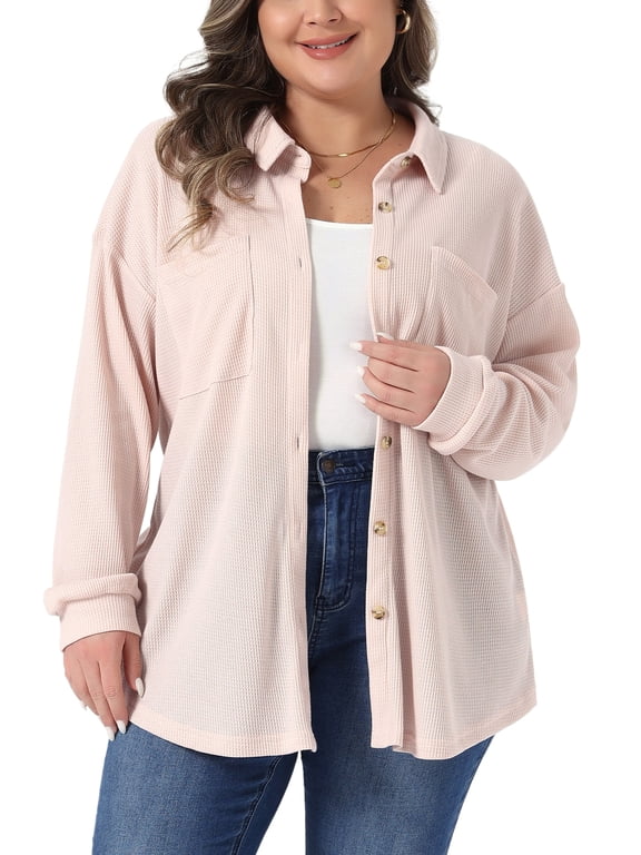Women's Plus Size Halloween Outfits Waffle Knit Shirt Jacket Casual Long Sleeve Button Down Blouses 3X Light Pink