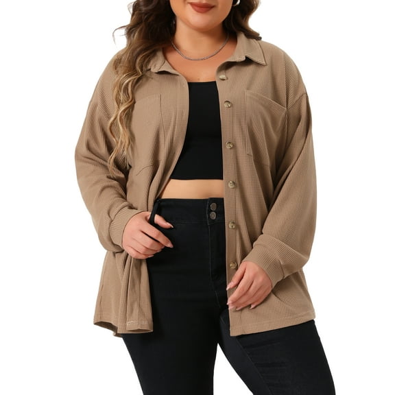 Agnes Orinda Women's Plus Size Waffle Knit Shirt Jacket Casual Long Sleeve Button Down Blouses 4X Brown