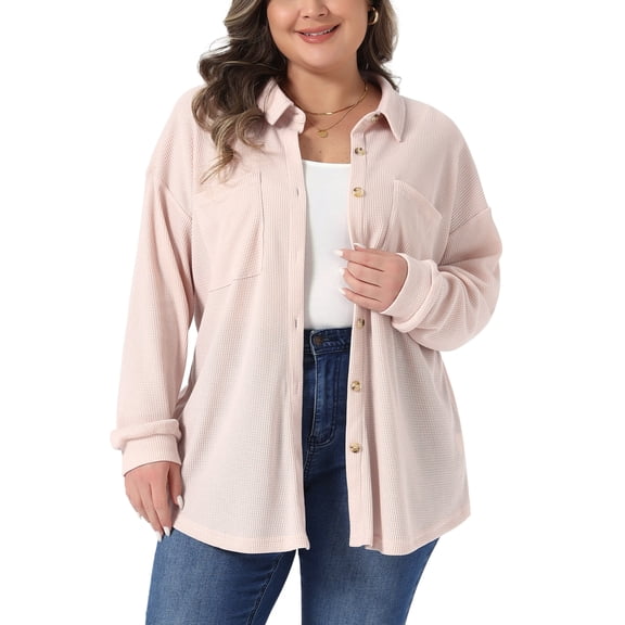 Agnes Orinda Women's Plus Size Waffle Knit Shirt Jacket Casual Long Sleeve Button Down Blouses 4X Light Pink