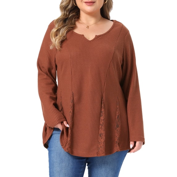 Agnes Orinda Women's Plus Size Halloween Outfits Waffle Knit Tunic Top Textured Notch V Neck Lace Panel Long Sleeve Casual Daily Peplum Blouse 3X Rust