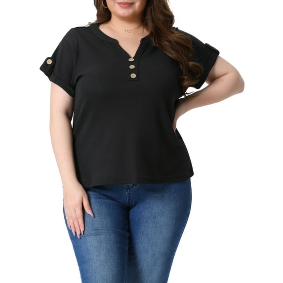 Agnes Orinda Women's Plus Size Waffle Tunic Tops Button Decor V Neck Roll Short Sleeve Summer Tshirt Casual Blouse 3X Black