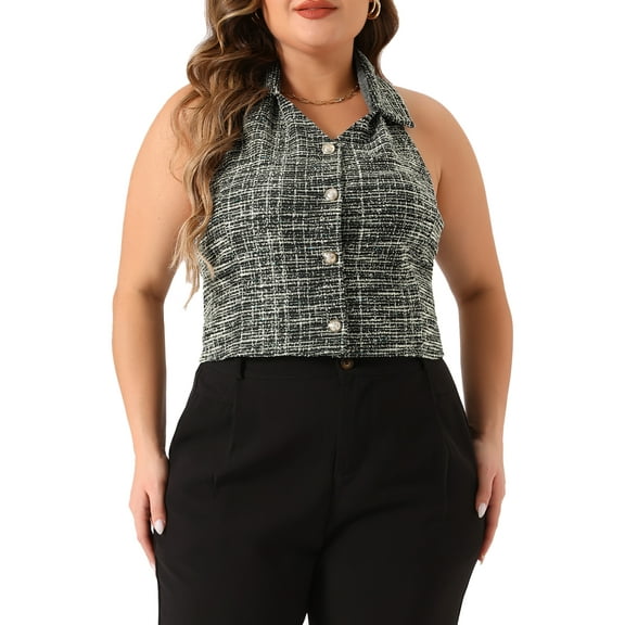 Agnes Orinda Women's Plus Size Waistcoat Tweed Halter Neck Sleeveless Single Breasted Retro Vests