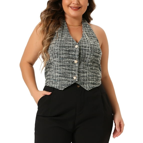 Agnes Orinda Women's Plus Size Waistcoat Vest Retro Halter Button Down Tweed Suit Blazers Vests 1X Black