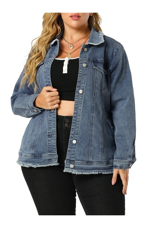 Women's Plus Size Washed Jean Jacket Button Down Chest Pocket Short Denim Jacket 4X Blue