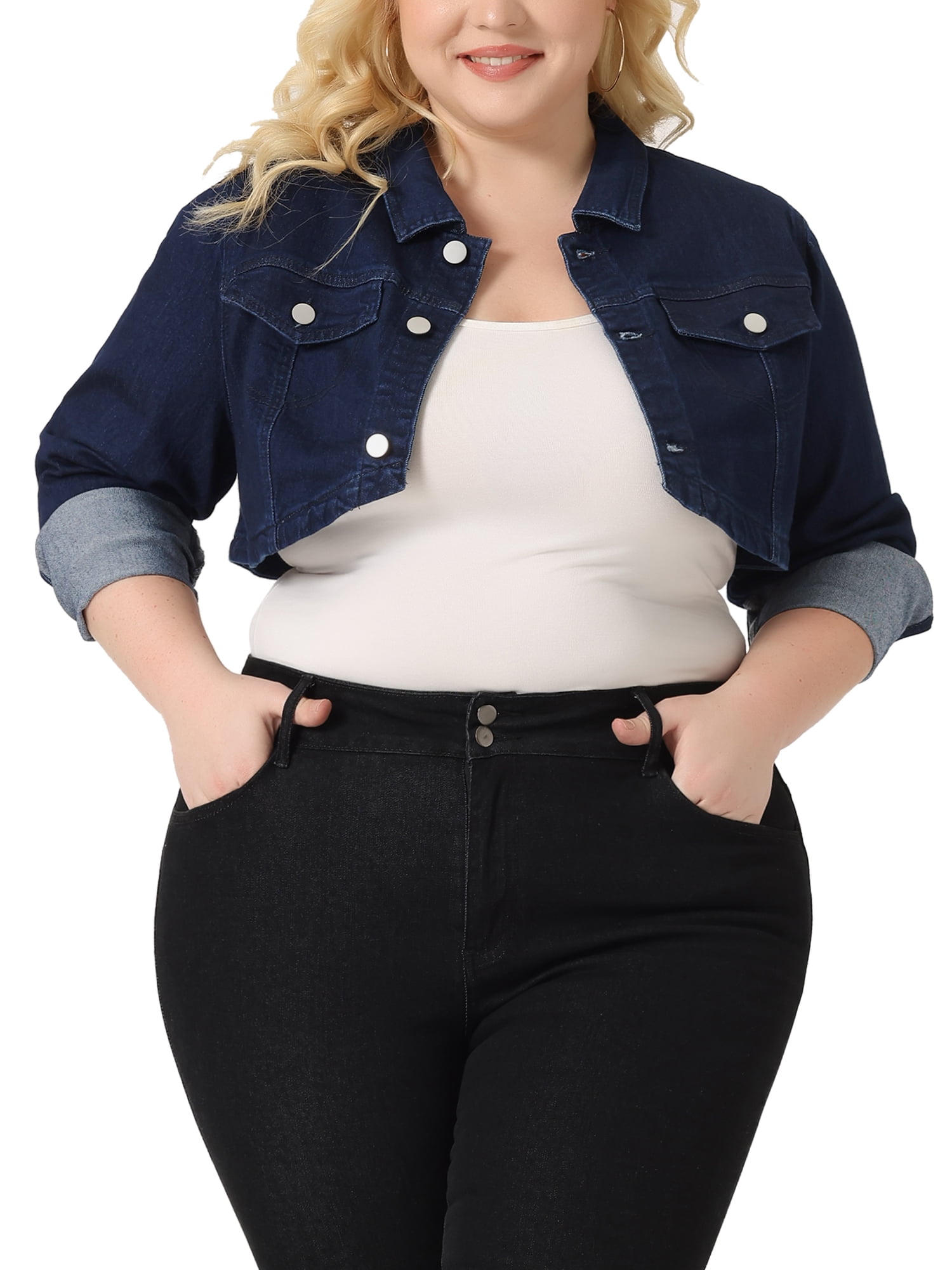 Agnes Orinda Women s Plus Size Washed Notched Lapel Cropped Denim Jacket Walmart