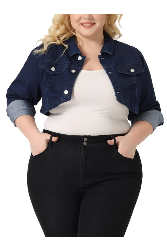 Women's Plus Size Washed Notched Lapel Cropped Denim Jacket