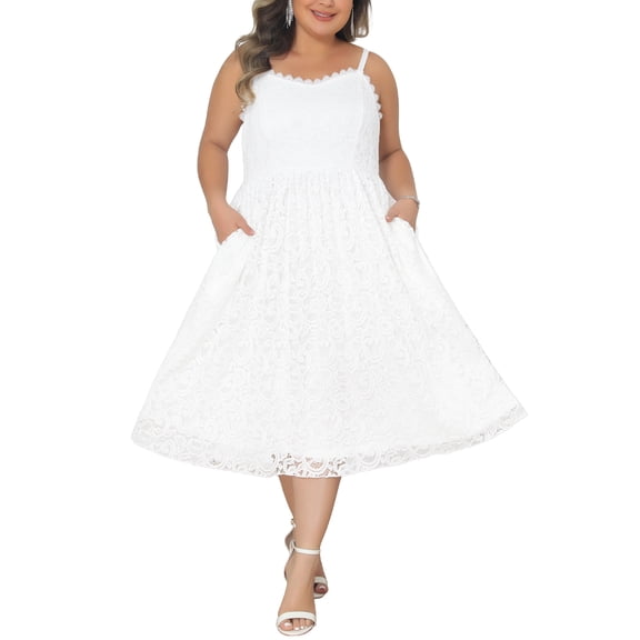 Agnes Orinda Women's Plus Size Wedding Dress Lace Floral Shoulder Straps Back Zipper Overlay Swing Formal Evening Gowns Cocktail Party Long Dresses 2X White