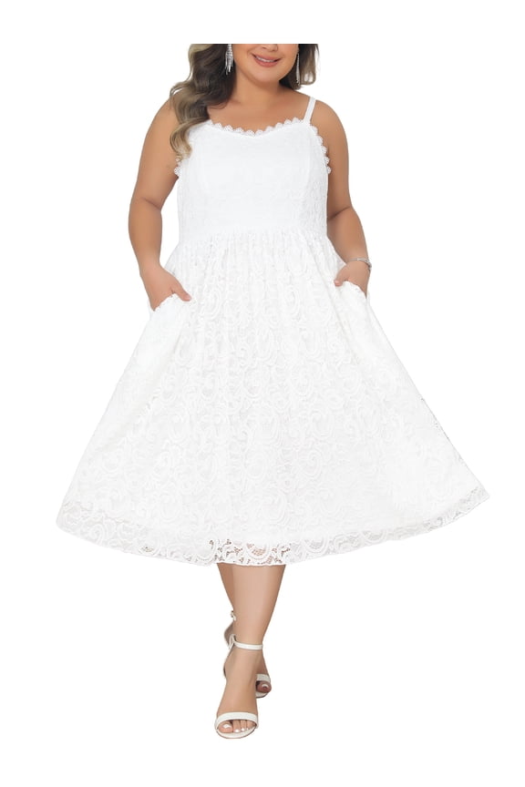 Women's Plus Size Wedding Dress Lace Floral Shoulder Straps Back Zipper Overlay Swing Formal Evening Gowns Cocktail Party Long Dresses 3X White