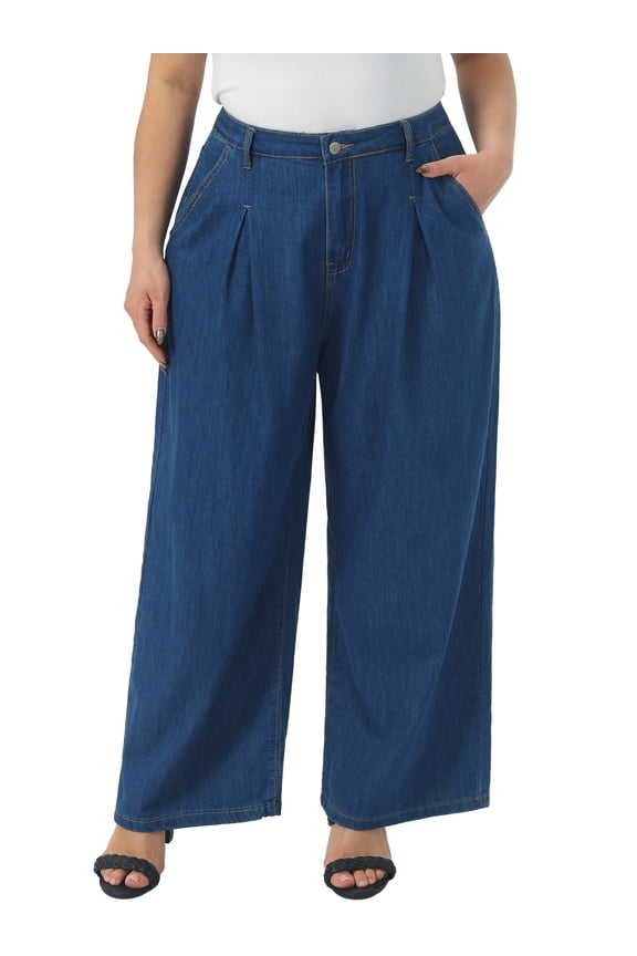 Women's Plus Size Wide Leg Jeans High Waisted Stretchy Y2K Trousers Denim Pants with Pocket 2X Blue