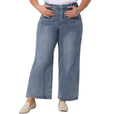 Agnes Orinda Women's Plus Size Wide Leg Jeans Washed Palazzo Trouser Denim Pants 1X Grey Blue