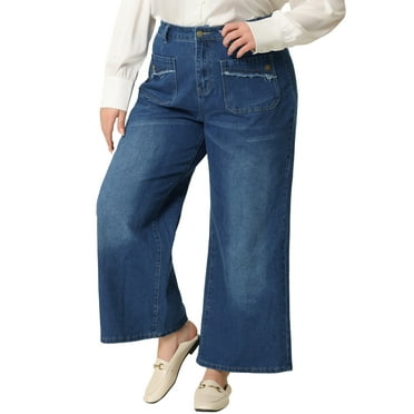 Agnes Orinda Women's Plus Size Wide Leg Jeans Washed Palazzo Trouser Denim Pants 1X Medium Blue