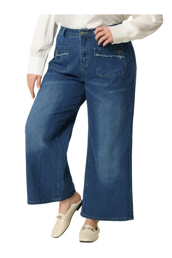 Women's Plus Size Denim Pants Wide Leg High Waist Washed Palazzo Trouser Casual Fashion Jeans with Pockets 1X Medium Blue