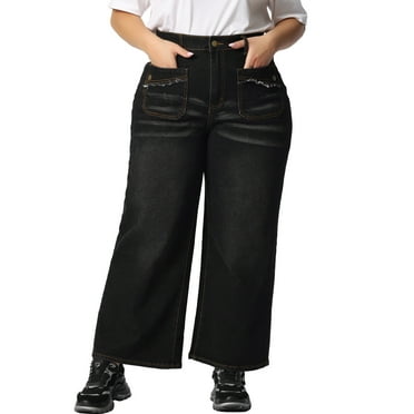 Agnes Orinda Women's Plus Size Wide Leg Jeans Washed Palazzo Trouser Denim Pants 2X Black