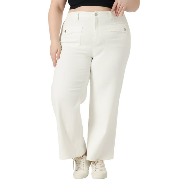 Agnes Orinda Women's Plus Size Wide Leg Jeans Washed Palazzo Trouser Denim Pants 4X White